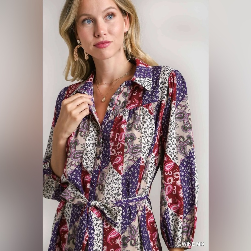 Mixed Print Collared Button Down Dress - Picture 3 of 4